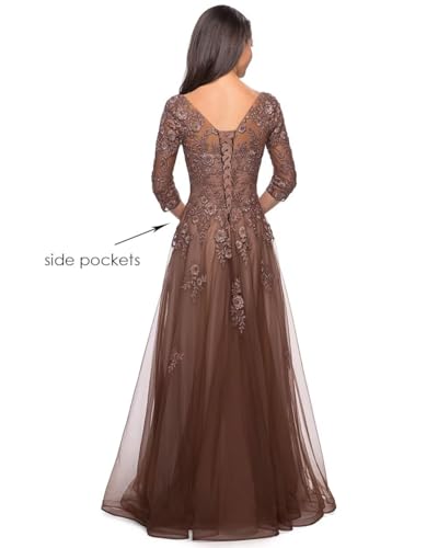 315AItc5mOL.jpg Women's Floral Lace Appliques 3/4 Sleeve Mother of The Bride Dresses Long V Neck Formal Dresses with Pockets YZTS028