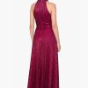 Women's Sleeveless Halter Metallic Crinkle Long Formal Dress