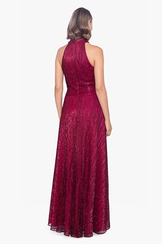 Women's Sleeveless Halter Metallic Crinkle Long Formal Dress