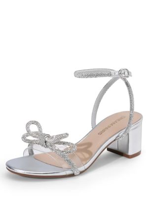 Women's Double Bowknots Crystal Sandals Low Chunky Heels Clear Slingback Dress Shoes for Wedding Bridal Party