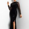 Women's Long Velvet Illusion Sleeve Mock Neck Ruched Gown