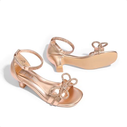 Girls Sandals Ankle Strap Square Toe Low Heel Bow Flower Dress Shoes
