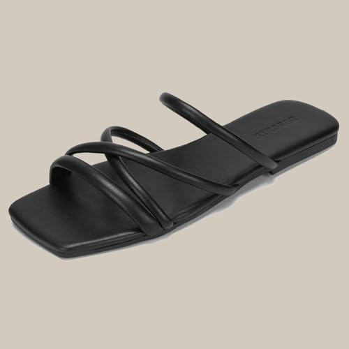 31J-19wdQXL.jpg Women's Flat Sandals Strappy Square Open Toe Slide Sandals Dressy Comfortable Wide Feet Friendly