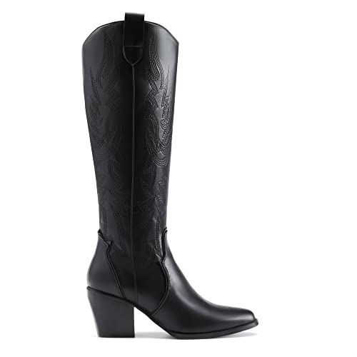 Womens Cowboy Boots Wide Calf Comfortable Pull On Zipper Chunky Heel Pointed Toe Embroidered Western Cowgirl Knee High Boots
