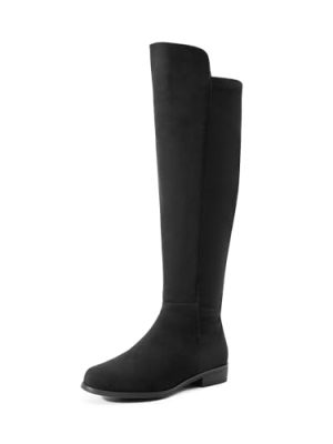 Women's Knee-High Boots Comfortable Flat Low Heel Round Toe Stretchy Suede Slouch Boots with Side Zipper