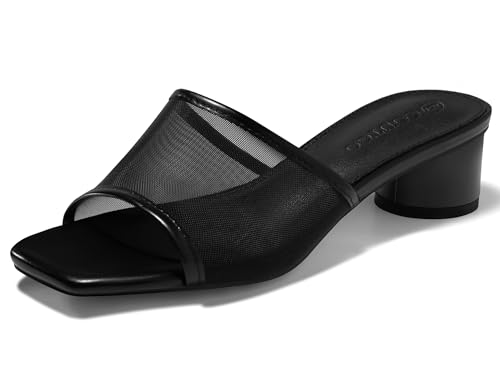 Womens Slide Sandals Mesh Chunky Heels Mules Square Open Toe Slip On Summer Dress Shoes