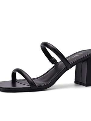 Women's Square Open Toe Heeled Sandals Two Strap Mules Slip On Block Chunky Mid Heels Sandals