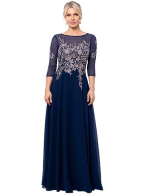Women's Long 3/4 Sleeve Embroidered Chiffon Gown