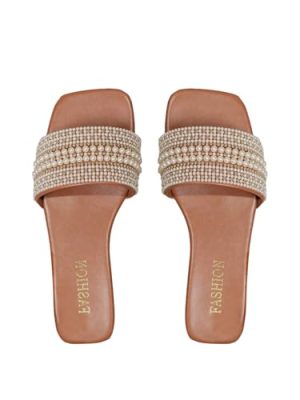 Women's Pearl Decor Flat Sandals Slip Open Toe Leather Slippers Slip on Slides