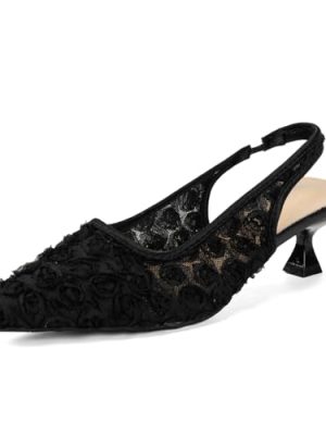 Elegant Lace Kitten Heels for Women - Slingback Pointed Toe Floral Mesh Dress Shoes - Low Heel Formal Wedding Guest Party
