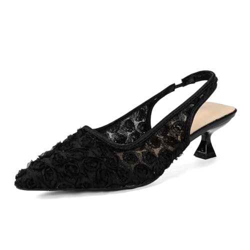 31apxU6pntL.jpg Elegant Lace Kitten Heels for Women - Slingback Pointed Toe Floral Mesh Dress Shoes - Low Heel Formal Wedding Guest Party