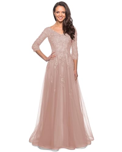 31cO3KHtt6L.jpg Women's Floral Lace Appliques 3/4 Sleeve Mother of The Bride Dresses Long V Neck Formal Dresses with Pockets YZTS028