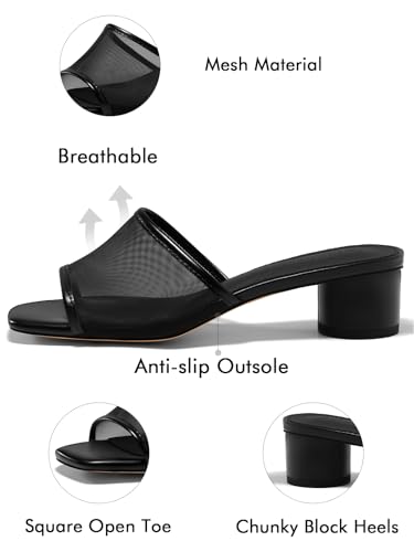 Womens Slide Sandals Mesh Chunky Heels Mules Square Open Toe Slip On Summer Dress Shoes