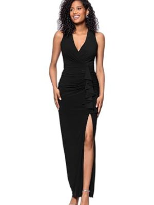 Women's Long Stretchy Sleeveless V-Neck Ruched Wrap Dress