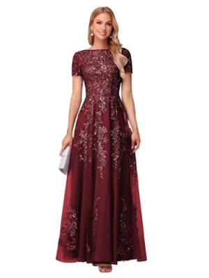 Lace Appliques Mother of The Bride Dresses Short Sleeves Long Sequin Beaded Formal Evening Prom Dress YO149