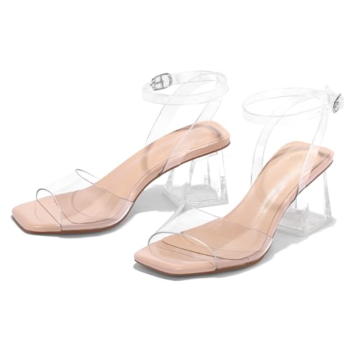 Women's Clear Heels Low Chunky Heel Open Toe Transparent Zebra Rhinestones Block Heeled Sandals Ankle Strap Shoes