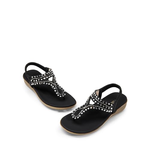 31iKkrrYOaL.jpg Women's Comfortable Dressy Flat Sandals Rhinestone Elastic T-Strap Thong Sandals for Summer Beach