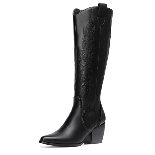Womens Cowboy Boots Wide Calf Comfortable Pull On Zipper Chunky Heel Pointed Toe Embroidered Western Cowgirl Knee High Boots