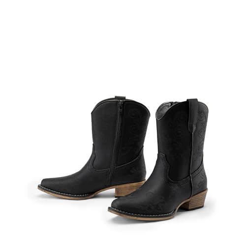 Women's Cowboy Cowgirl Western Ankle Boots Low Chunky Heels Square Toe Fall Short Booties Shoes