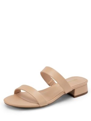 Women's Slides Heels Slip On Low Block Sandals Two Strap Open Round Toe Chunky Casual Summer Mules Shoes