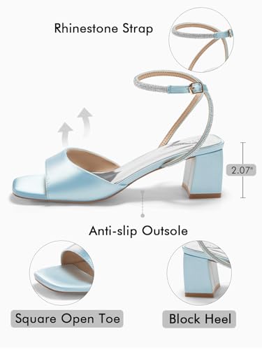 Womens Heeled Sandals Rhinestone Chunky Low Heels Satin Square Toe One Strap Ankle Buckle Dress Shoes