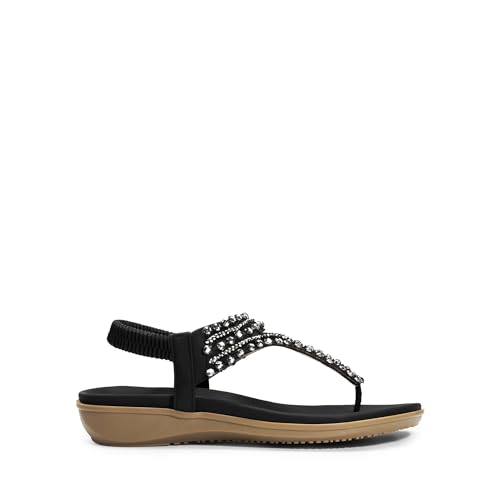 31wB7G0IDbL.jpg Women's Comfortable Dressy Flat Sandals Rhinestone Elastic T-Strap Thong Sandals for Summer Beach