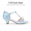 Girls Sandals Ankle Strap T-Strap Low Heel Pearl Bow Flower Pump Dress Wedding Party Shoes for Little Kid/Big Kid