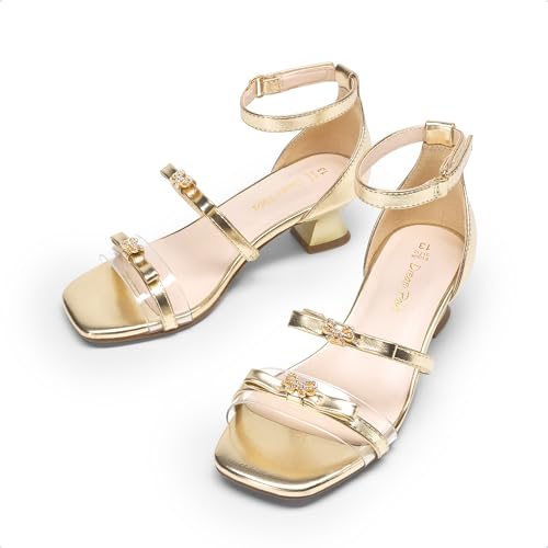 Girls Sandals Low Heel Dress Pump Ankle Strap Two Strapped Bow Flower Wedding Party Shoes for Little Kid/Big Kid