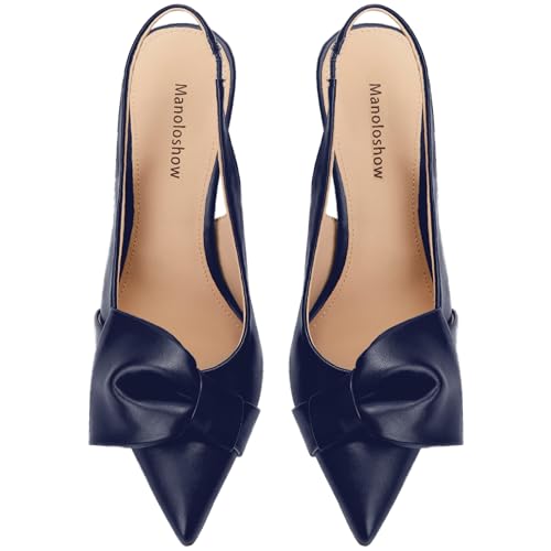412ofjKWCL.jpg Women's Slingback Heels with Bow Pointed Toe Pumps with Elasticated Strap 3.3" High Heels for Evening Dress Shoes