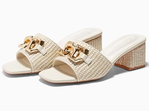 415NPjC54YL.jpg Womens Raffia Slide Sandals Chunky Block Heeled Square Open Toe Metal Chain Slip on Mules Dressy Shoes