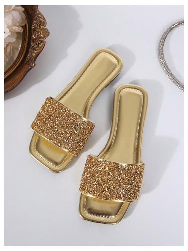 4164CmTX0HL.jpg Women's Rhinestone Sandals Glitter Strappy Sequin Shoes Square Toe Sparkly Flat Sandals