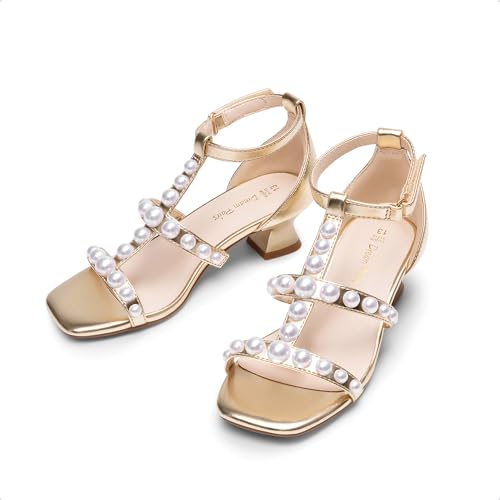 417wYtwb1jL.jpg Girls Sandals Ankle Strap T-Strap Low Heel Pearl Flower Pump Dress Wedding Party Square Toe Shoes for Little Kid/Big Kid