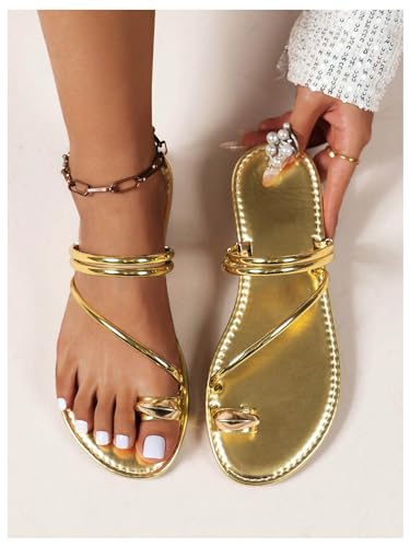 419JgJ89RgL.jpg Women's Metallic Open Toe Ring Sandals Summer Strappy Flat Sandals