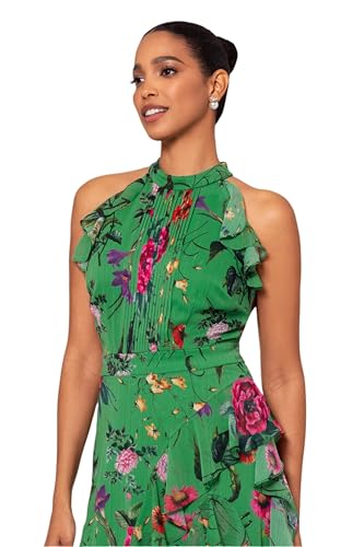 Women's Sleeveless Halter Neck Long Chiffon Floral Ruffle Dress