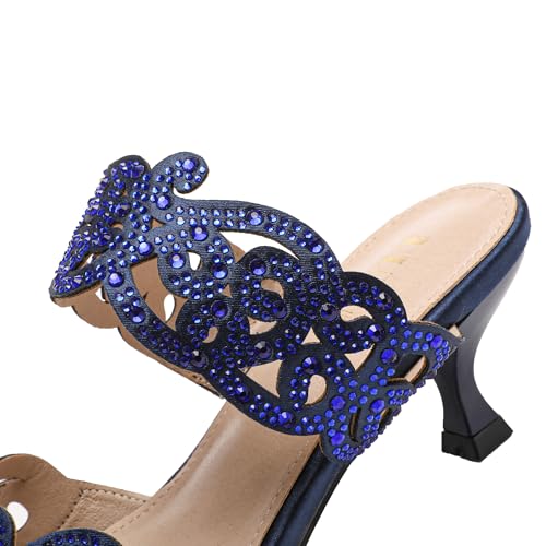 Womens Sparkly Kitten Heel Sandals,Ladies Summer Rhinestones Glitter Wedding Evening Slides Double Strap Dressy Casual Bling Low