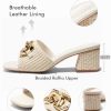 41B0tJzIKL.jpg Womens Raffia Slide Sandals Chunky Block Heeled Square Open Toe Metal Chain Slip on Mules Dressy Shoes