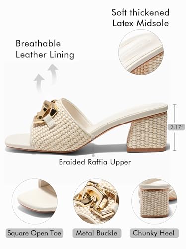 41B0tJzIKL.jpg Womens Raffia Slide Sandals Chunky Block Heeled Square Open Toe Metal Chain Slip on Mules Dressy Shoes