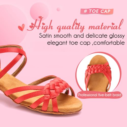 Girls Latin Dance Shoes Kids Low Heels Tango Salsa Ballroom Practice Dance Shoes, 1208,Red, 2 M Little Kid
