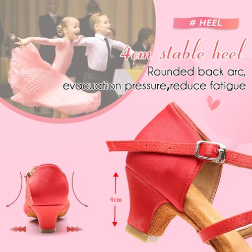 Girls Latin Dance Shoes Kids Low Heels Tango Salsa Ballroom Practice Dance Shoes, 1208,Red, 2 M Little Kid