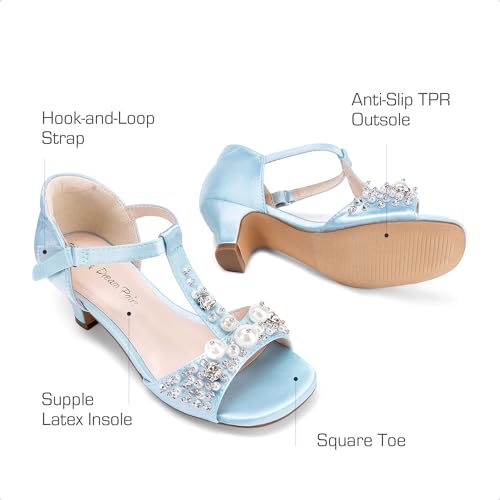 Girls Sandals Ankle Strap T-Strap Low Heel Pearl Bow Flower Pump Dress Wedding Party Shoes for Little Kid/Big Kid