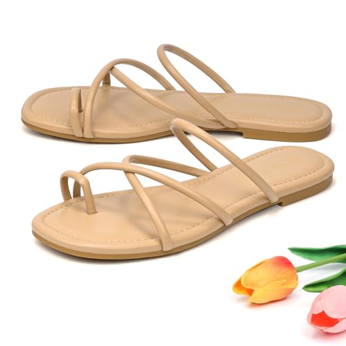 41DSrSiUARL.jpg Strappy Sandals for Women Square Open Toe Flip Flops Comfortable Flat Sandals Toe Ring Thong Sandals for women