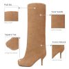 Women's Knee High Suede Boots for Women Wide Calf Square Toe Stiletto Heels Tall Boots Pull On High Heel Long Booties