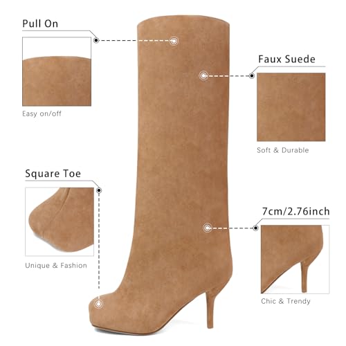 Women's Knee High Suede Boots for Women Wide Calf Square Toe Stiletto Heels Tall Boots Pull On High Heel Long Booties