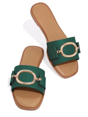 Womens Square Toe Dressy Summer Slide Sandals Flat Low Heel Big Metal Chain Slip On Party Slippers Shoes