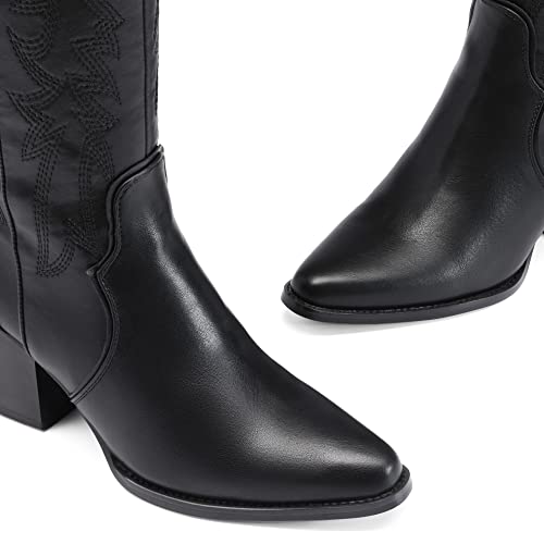 Womens Cowboy Boots Wide Calf Comfortable Pull On Zipper Chunky Heel Pointed Toe Embroidered Western Cowgirl Knee High Boots