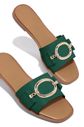 41HassyznSL.jpg Womens Square Toe Dressy Summer Slide Sandals Flat Low Heel Big Metal Chain Slip On Party Slippers Shoes