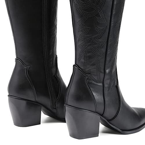 Womens Cowboy Boots Wide Calf Comfortable Pull On Zipper Chunky Heel Pointed Toe Embroidered Western Cowgirl Knee High Boots