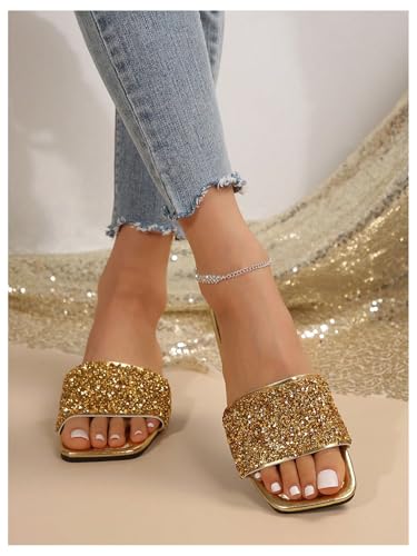 41Ivqa0De2L.jpg Women's Rhinestone Sandals Glitter Strappy Sequin Shoes Square Toe Sparkly Flat Sandals