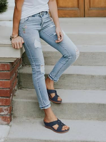 41JOAxRX5tL.jpg Womens Wedge Sandals Leather: Dressy Sandal, Rubber Sole, Comfortable Walking, Casual Slip on Summer Shoes, Size 5-11