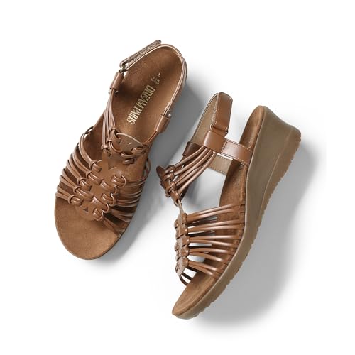 Women's Comfortable Strappy Low Heel Open Toe Slip-On Wedge Sandals Arch Support for Summer Dressy Shoes